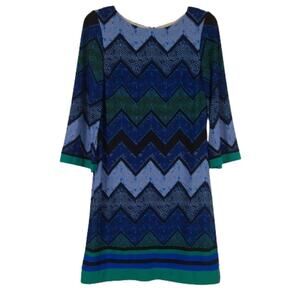 Eliza J blue & green Chevron zig zag mini shift dress exposed zipper size 4
